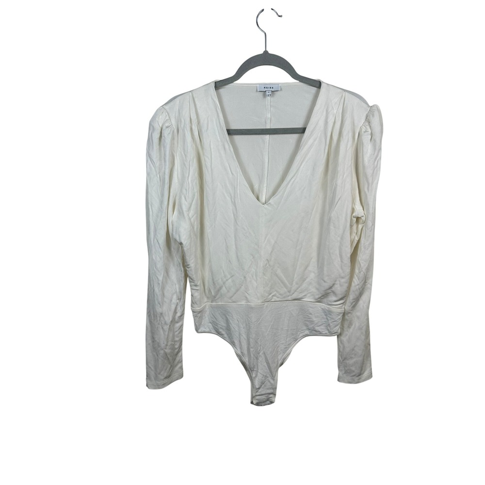 Reiss Bodysuit Womens Large Cream Excellent V-Neck Puff Sleeve Viscose 3131